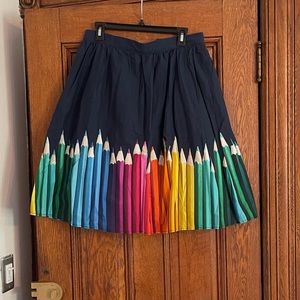ModCloth navy blue flared skirt with colored pencil pattern